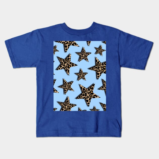 Leopard Print, Stars, on Blue Kids T-Shirt by OneThreeSix